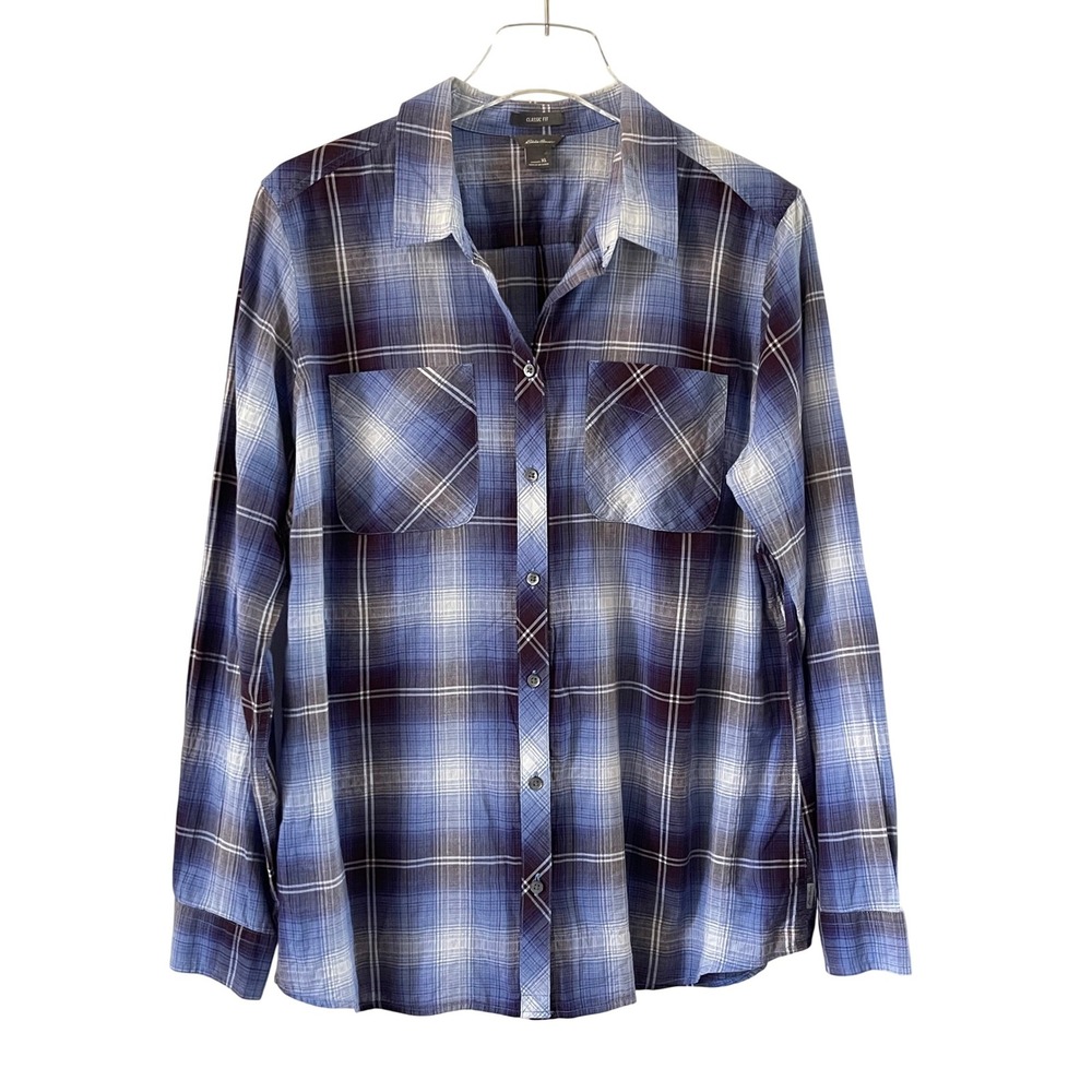 Eddie Bauer Plaid Button Down Women XL Blue Excellent Classic‎ Fit Long Sleeve